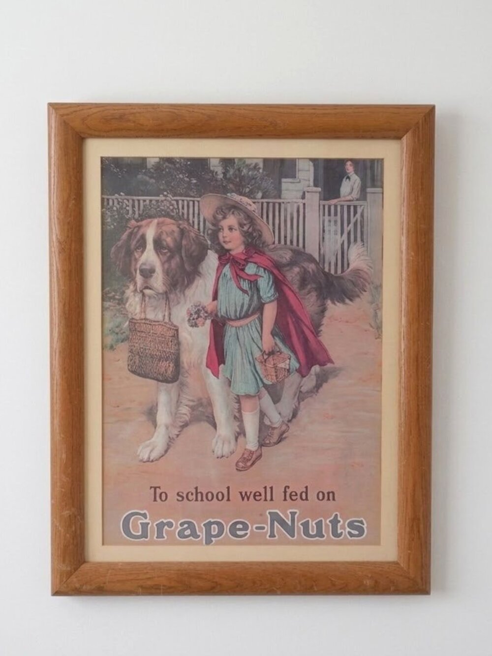 Large Vintage Grape-Nuts Framed Poster St Bernard Girl 27x21 Advertising Art MCM